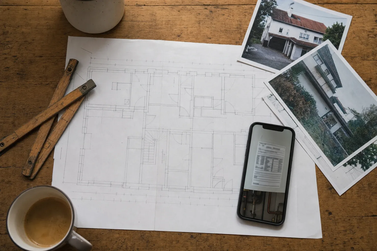 Grundriss, Zollstock, ausgedruckte Fassadenfotos und ein Smartphone mit dem Foto eines Kessel-Typenschilds auf einem Holztisch