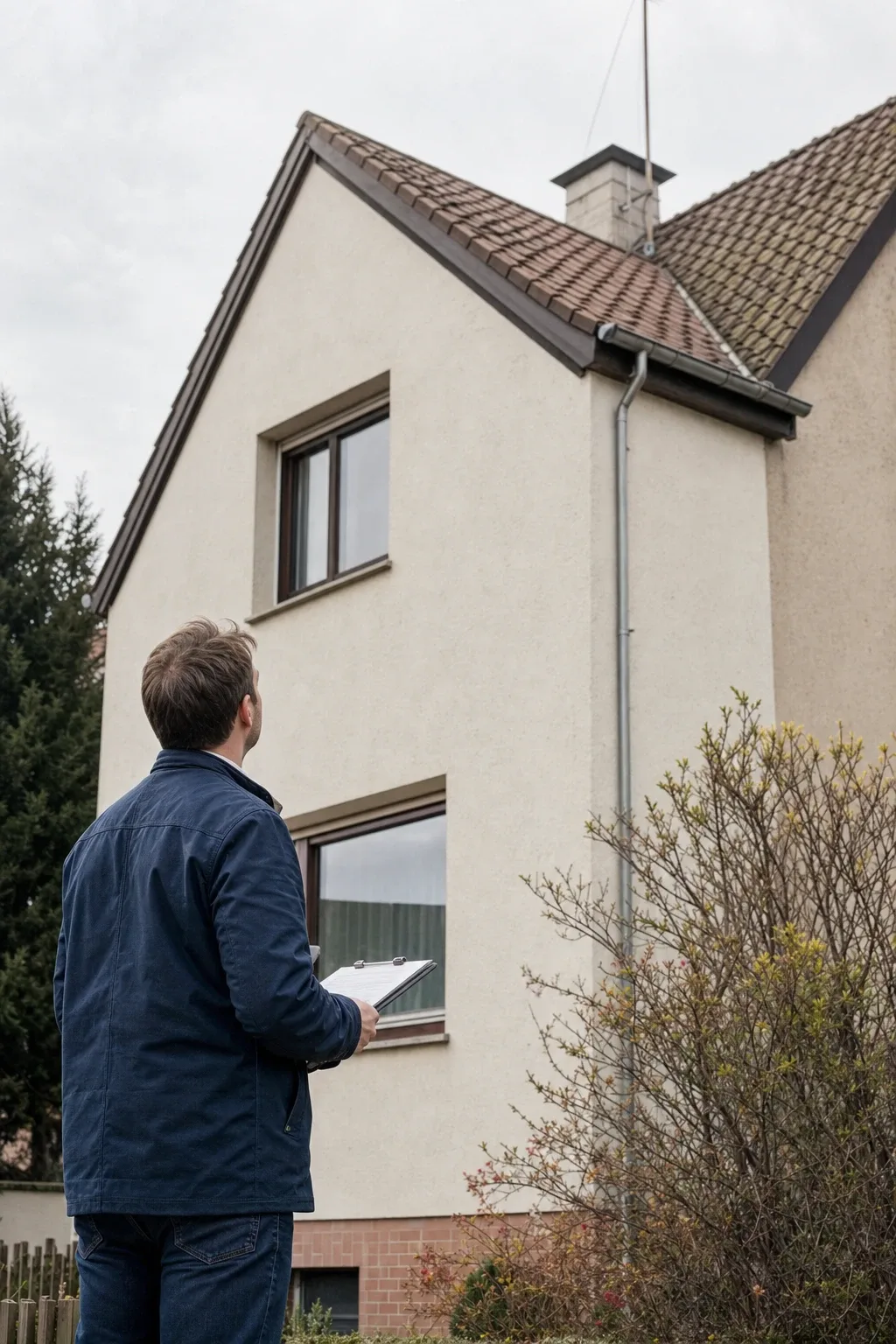 Energieberater mit Klemmbrett begutachtet ein Einfamilienhaus aus den 1970er-Jahren