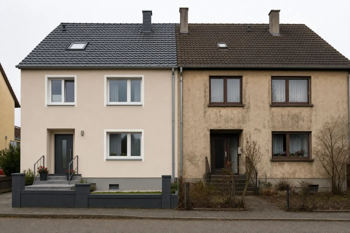 Zwei fast identische Reihenhäuser aus den 1970er-Jahren, links frisch saniert, rechts im Originalzustand
