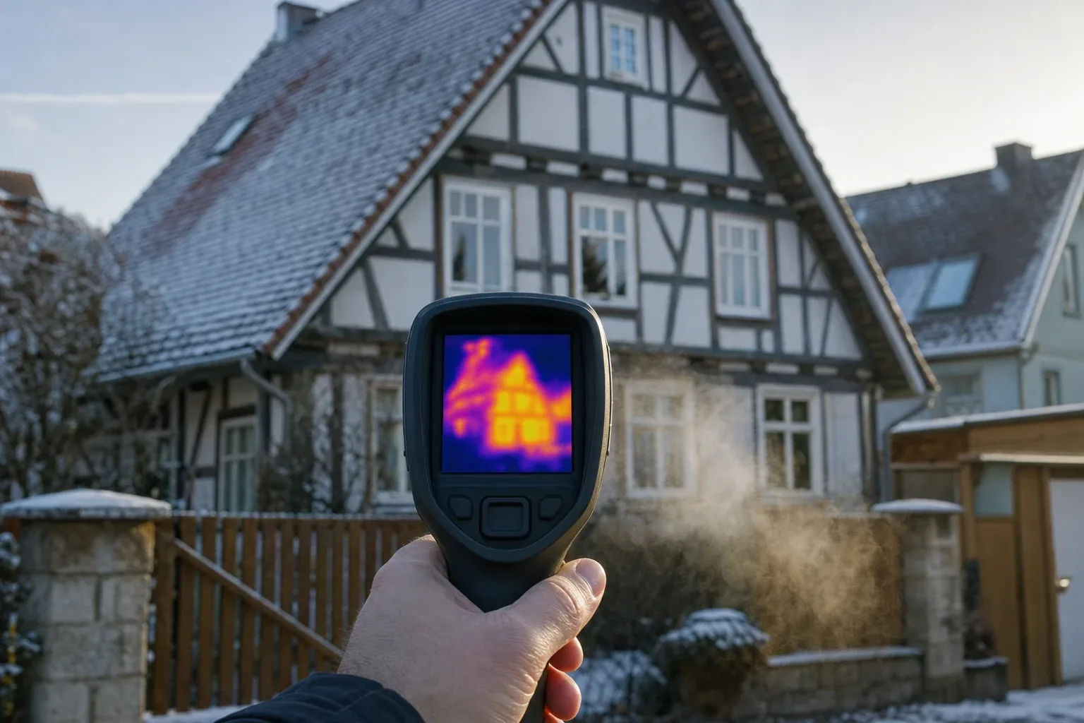 Hand hält eine Wärmebildkamera vor ein Fachwerkhaus, das Display zeigt die Wärmeverluste der Fassade