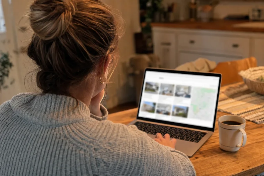 Person sieht sich am Laptop Immobilien-Inserate an, der Bildschirm ist unscharf