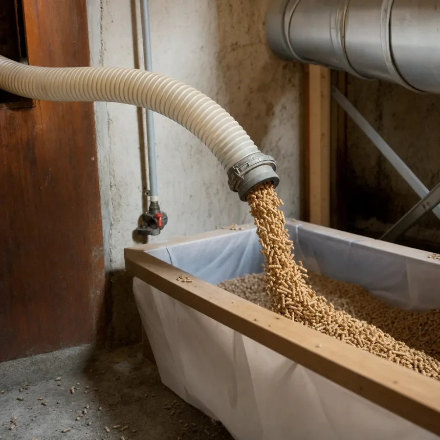 Holzpellets strömen aus einem Einblasschlauch in eine Lagerbox im Keller