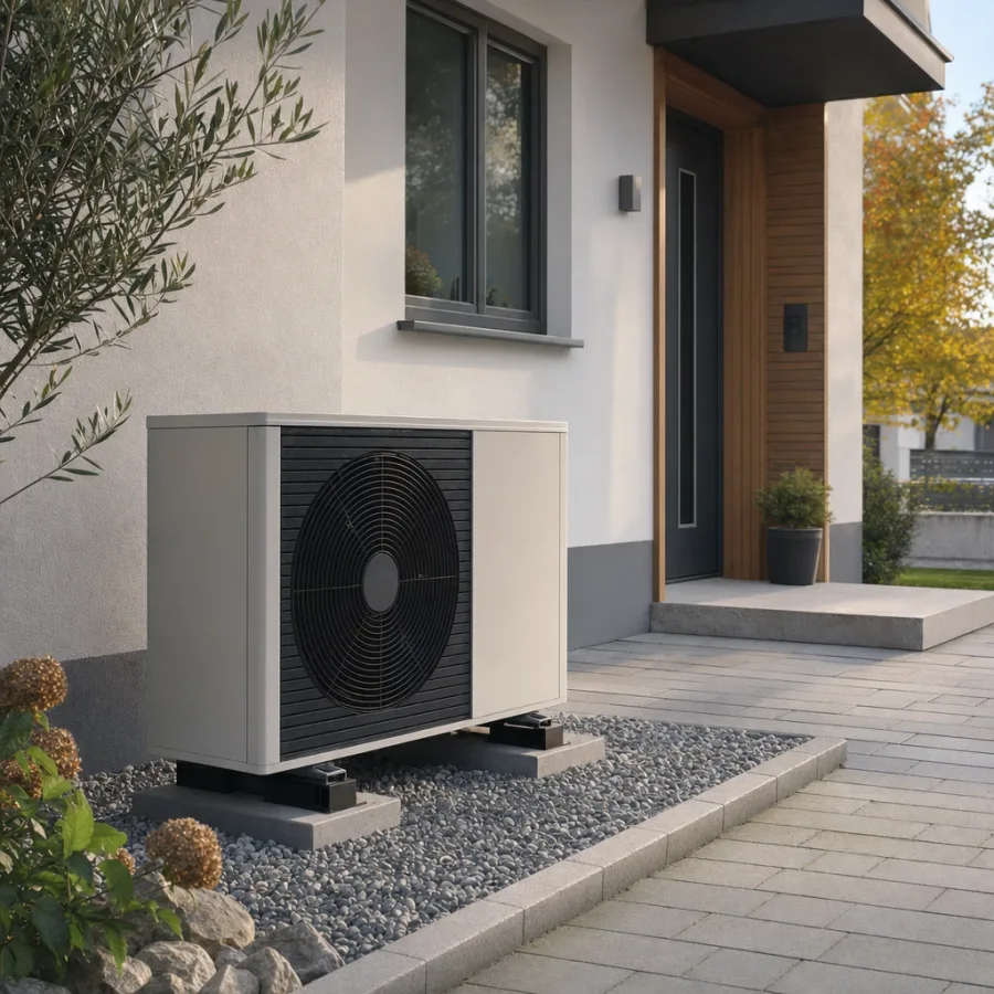 Luft-Wärmepumpe auf einem Kiesbett neben dem Eingang eines modernen Einfamilienhauses