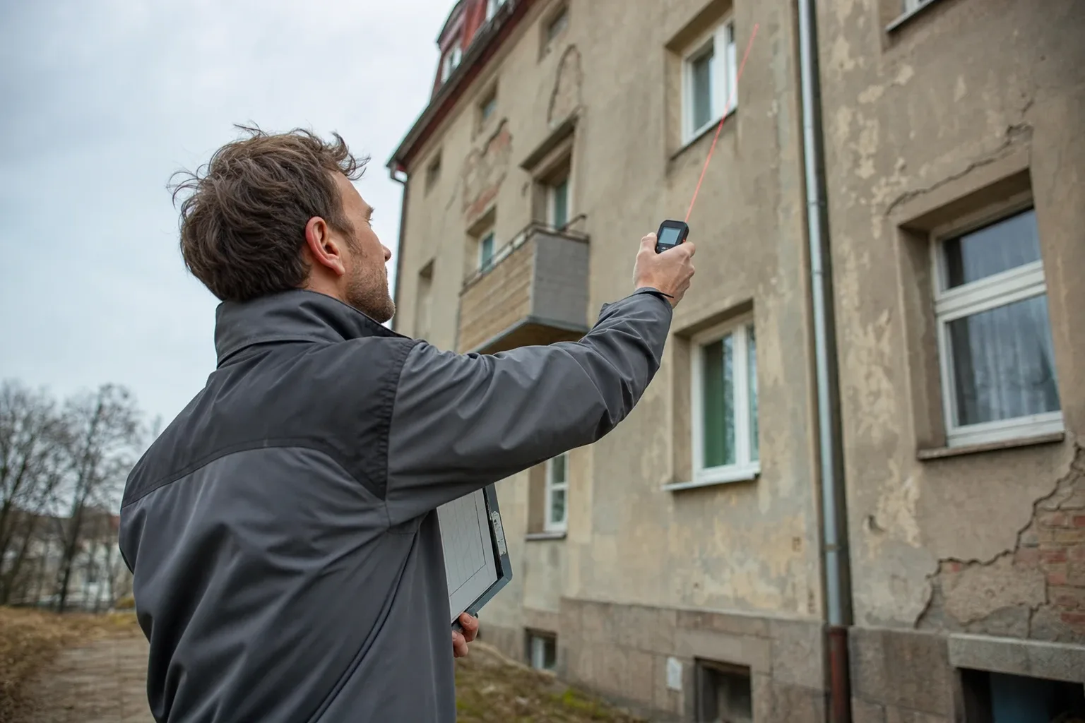 Energieberater richtet einen Laser-Entfernungsmesser auf die Fassade eines älteren Mehrfamilienhauses