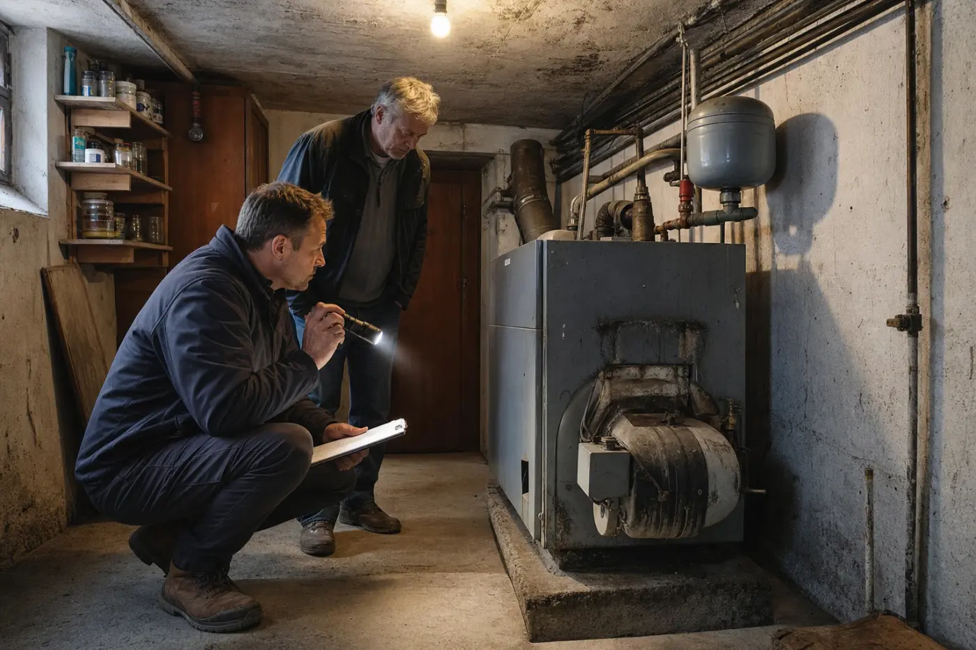 Energieberater kniet mit Taschenlampe und Klemmbrett vor einem alten Ölkessel, der Eigentümer schaut zu