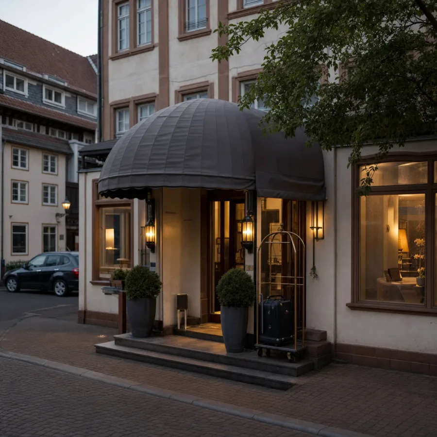 Kleines Stadthotel mit Vordach über dem Eingang und Gepäckwagen