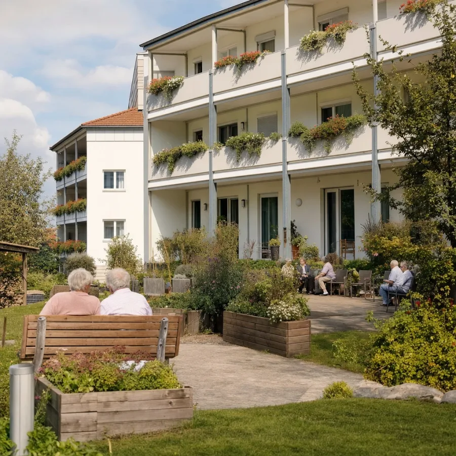 Pflegeheim mit breiten Balkonen, Hochbeeten und Bänken im Vorgarten