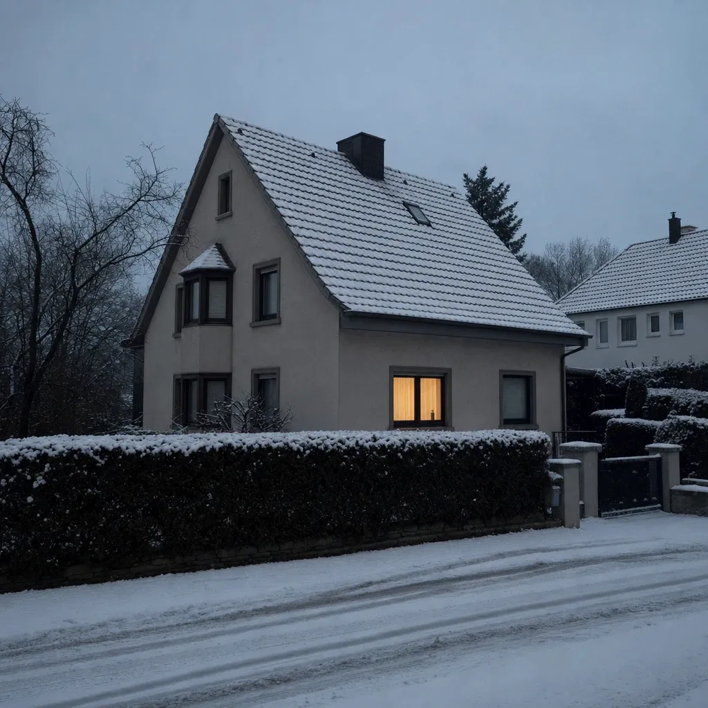 Verschneites Einfamilienhaus an einem Wintermorgen mit warm erleuchtetem Fenster