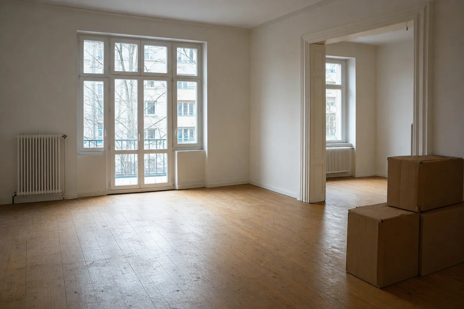 Leere Wohnung beim Auszug mit gestapelten Umzugskartons und Heizkörper unter dem Fenster