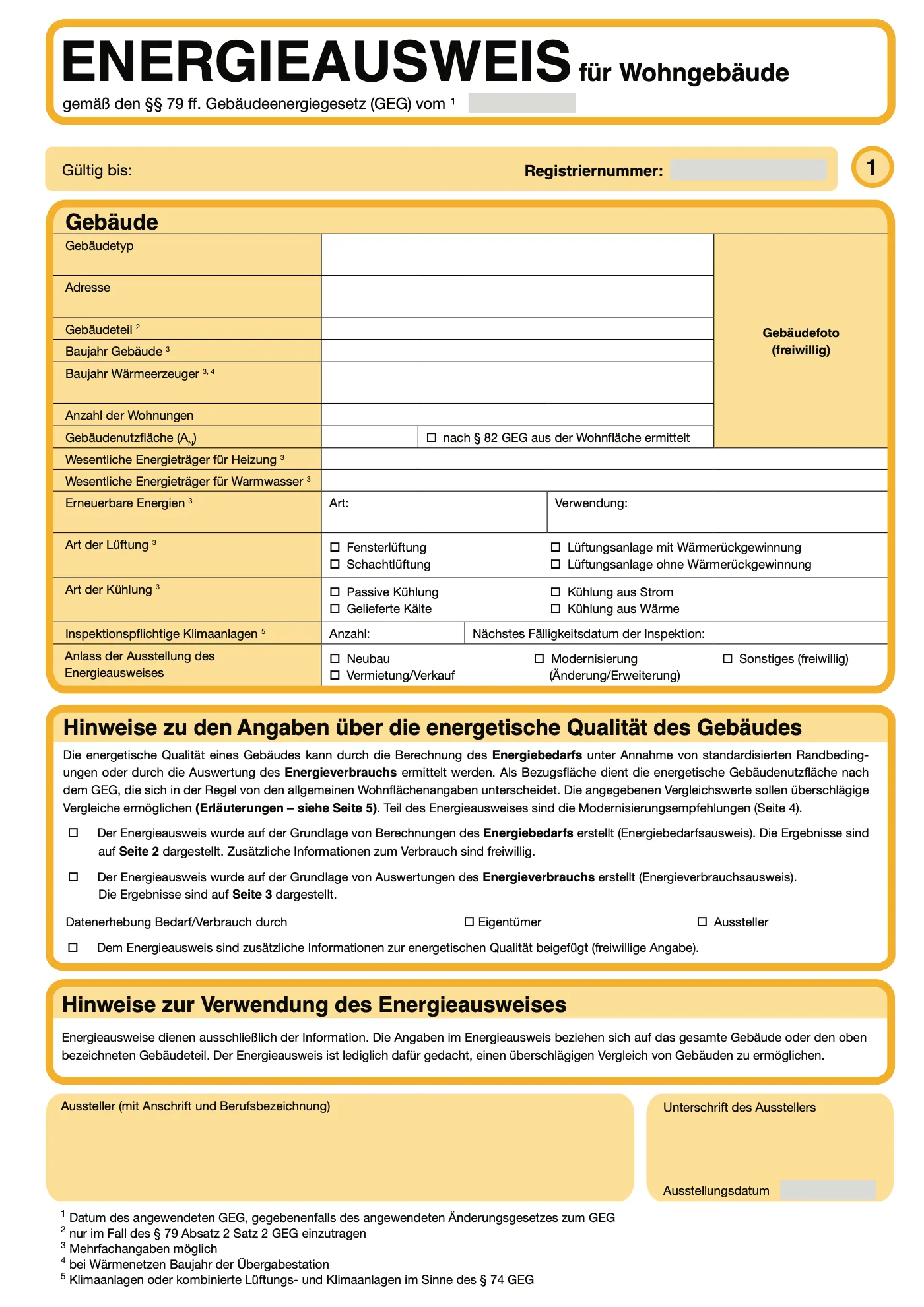 Amtliches Muster des Energieausweises für Wohngebäude, Seite 1: Deckblatt mit Gebäudedaten, Registriernummer und Ausstellerangaben