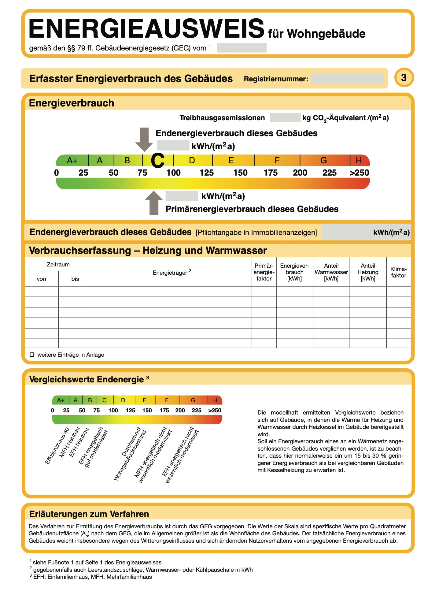 Amtliches Muster des Energieausweises für Wohngebäude, Seite 3: erfasster Energieverbrauch mit Verbrauchserfassungstabelle und Klimafaktor
